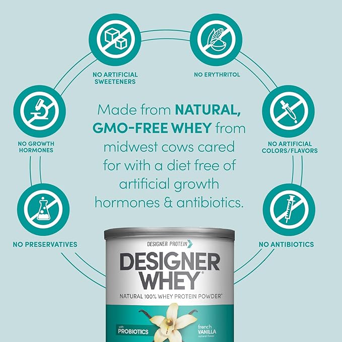 Designer Wellness Designer Whey Natural Whey Protein Powder with Probiotics Fiber and Key B-Vitamins for Energy Gluten-Free French Vanilla 12oz