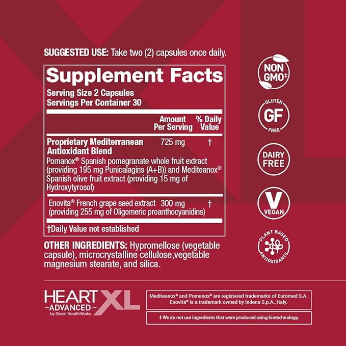 OmegaXL HeartXL Advanced - Heart Health Supplement - Three clinically Studied Mediterranean antioxidant extracts - Supports Blood Pressure Cholesterol and Circulatory Health (60 Capsules)