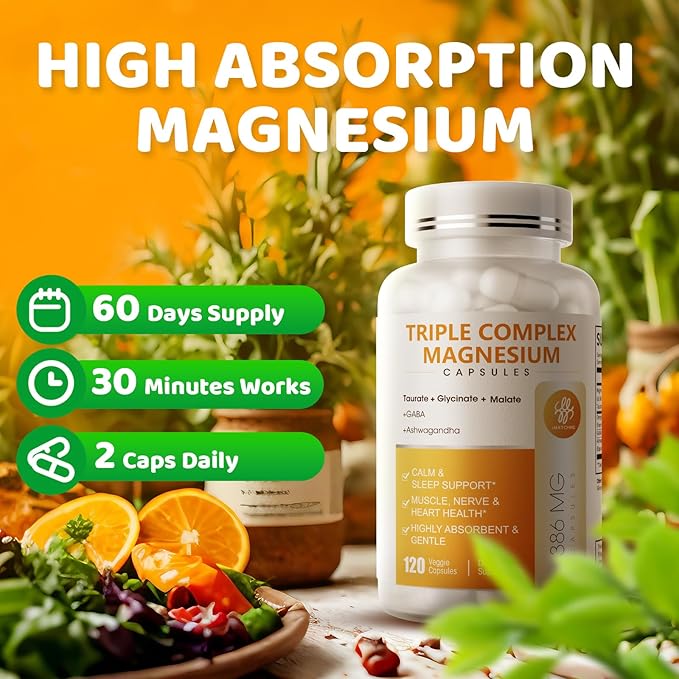 Triple Magnesium Complex - Magnesium Glycinate Taurate &amp Malate Supplement with Omega3 Ashwagandha GABA for Sleep Brain Heart &amp Muscle Support - High Absorption and Gentle Vegan 120 Caps