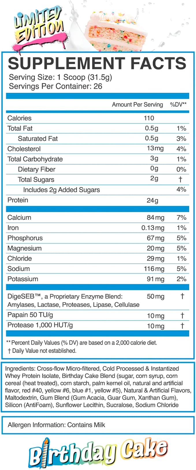 eFlow Nutrition 100% Whey Protein Isolate - Lactose-Free Digestive Enzymes Added Low Carb Post Workout Shake Fast Digesting for Optimal Muscle Recovery - Birthday Cake (26 Servings)
