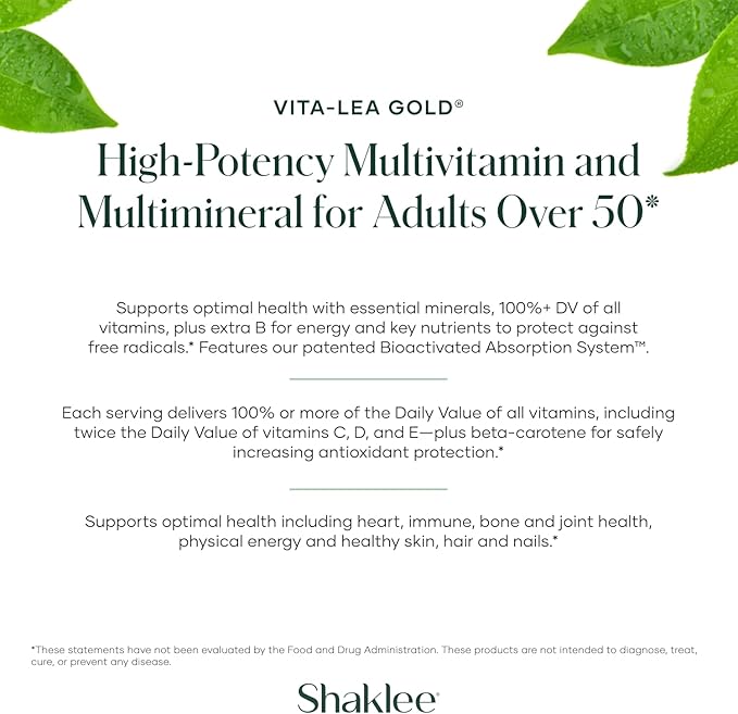 Shaklee Vita-Lea Gold® with Vitamin K for Adults Over 50 - High-Potency Formula for Heart Immune Bone and Joint Health - Supports Physical Energy &amp Healthy Aging - Essential Vitamins - 120 Tabl