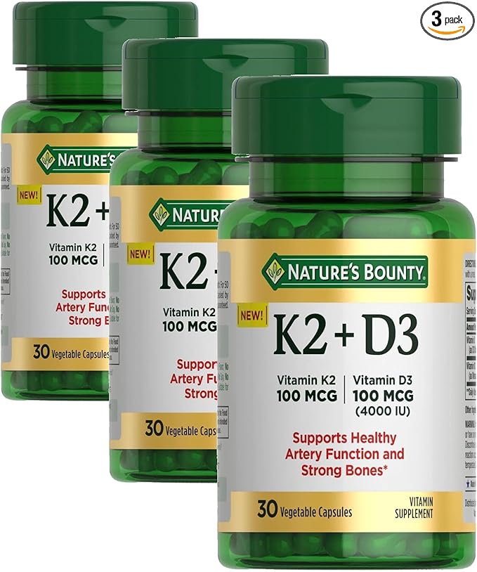 Nature's Bounty Vitamin D3 K2 Supplement 4000 IU Vita D3 Plus 100 mcg of Vitamin K Supplements for Adults for Heart &amp Bone Health Support 30 Day Supply 30 Vegetarian Capsules (Pack of 3)