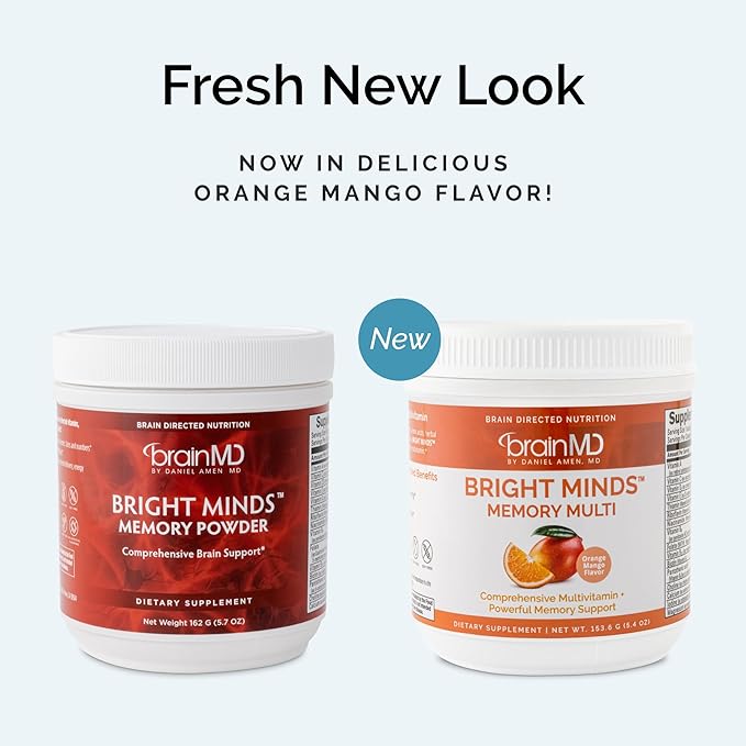 BRAINMD Dr Amen BRIGHT MINDS Memory Multi Orange Mango Flavor - 5.4 oz Powder - Multivitamin &amp Memory Support - Gluten Free Sugar Free - 30 Servings