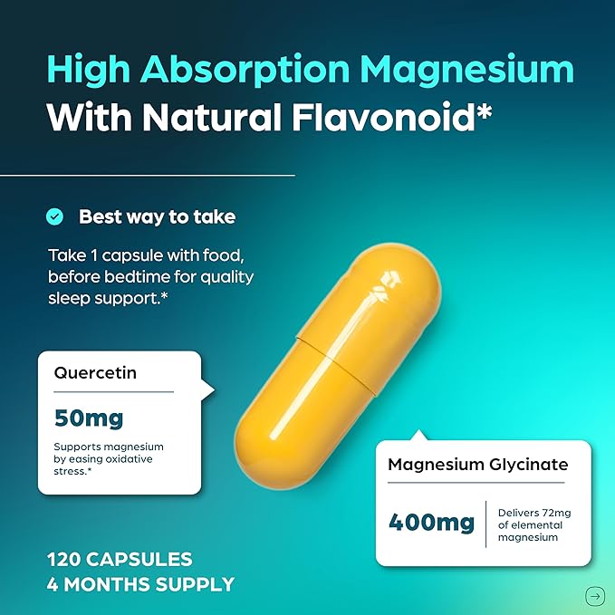 Magnesium Glycinate 400mg High Absorption Capsules with Quercetin | Quality Sleep Relaxation &amp Muscle Health Supplement for Women and Men | Chelated Magnesium 120 Count (Pack of 3) | Easy to Swal