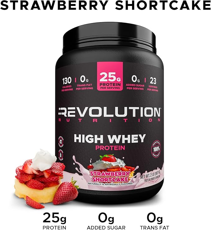 Revolution Nutrition High Whey Protein Powder 2LB Whey Isolate Gluten Free Lean Muscle Mass for Men &amp Women 25g of Protein Per Scoop 908 g 24 Servings (Strawberry Shortcake 2 Pound)