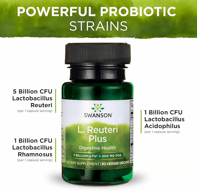 Swanson L. Reuteri Probiotic Plus with L. Rhamnosus L. Acidophilus &amp FOS Prebiotic for Gut-Health-Conscious Adults - 7 Billion CFU (30 Vegan Capsules 4 Pack)