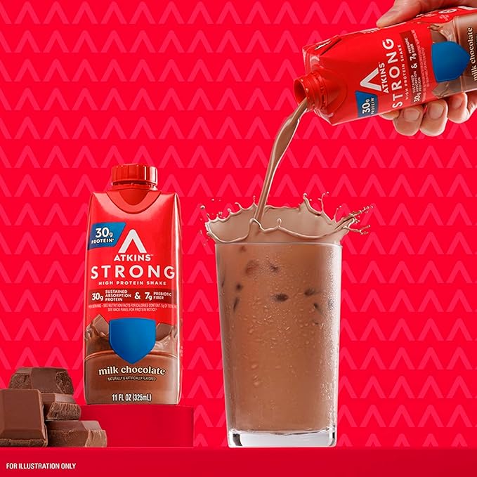Atkins Strong High Protein Shake Milk Chocolate 30g Protein 7g Prebiotic Fiber 1g Sugar GLP-1 Support Muscle &amp Gut Health Support Complex 12 Count