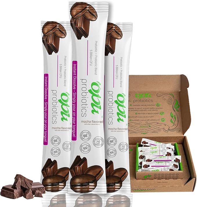 'Opu Probiotics Mocha Instant-Dissolve - One Month Supply - 5 Billion CFU's - Men Women &amp Children w/Prebiotics Sugar Free Gluten Free Non GMO