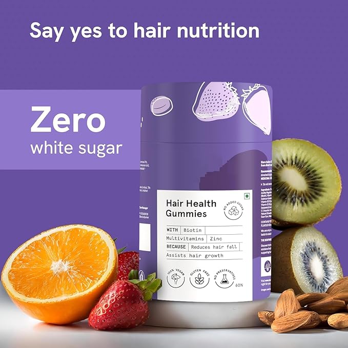 Biotin Hair Gummies for Stronger Shinier Hair &amp Nails | 60 Days Pack | with Biotin Zinc Folic Acid Fibre &amp Multivitamin | Strawberry Flavour | No Added Sugar