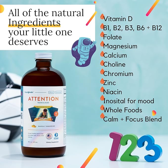 LIQUIDHEALTH Calcium with Magnesium Joint Support + Kids Attention Calm and Focus Children Memory Support Supplement Bundle