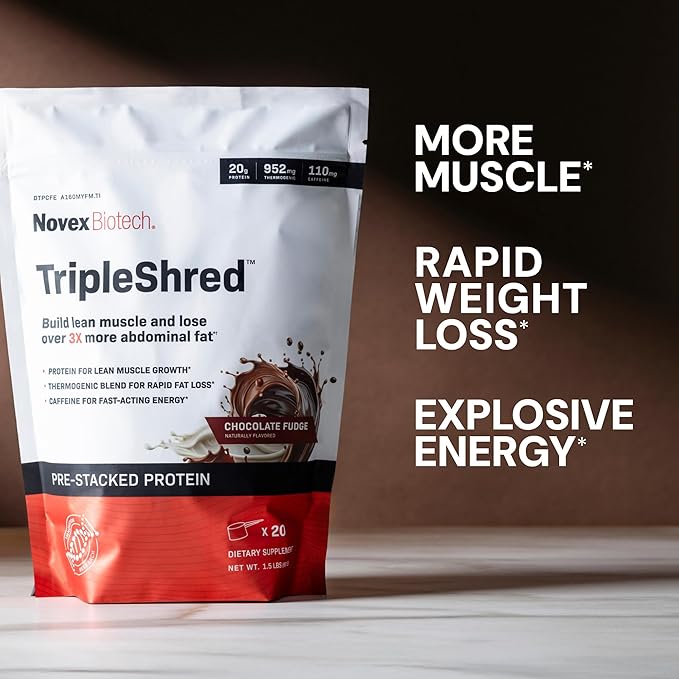 Novex Biotech TripleShred Protein - Pre-Stacked Protein - Increase Energy and Focus - Build Muscle - Chocolate Fudge 20 svgs (Pack of 2)
