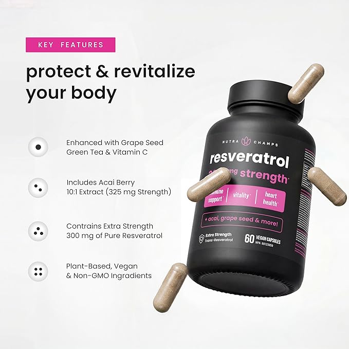 NutraChamps Resveratrol Supplement Extra Strength Formula for Healthy Aging Immune Support 60 Vegan Capsules with Trans-Resveratrol Green Tea Leaf Acai Berry &amp Grape Seed Extract (Pack of 2)