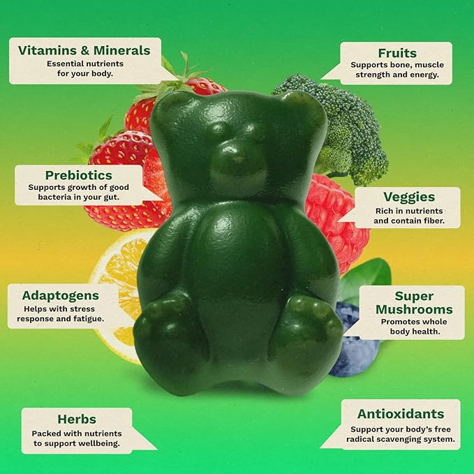Gruns Adult Sugar-Free Super Greens Multivitamin Gummies Superfood Gummy Vitamins for Women and Men with Spirulina Chlorella Adaptogens &amp Prebiotic Fiber for Digestive Health (28 Count)