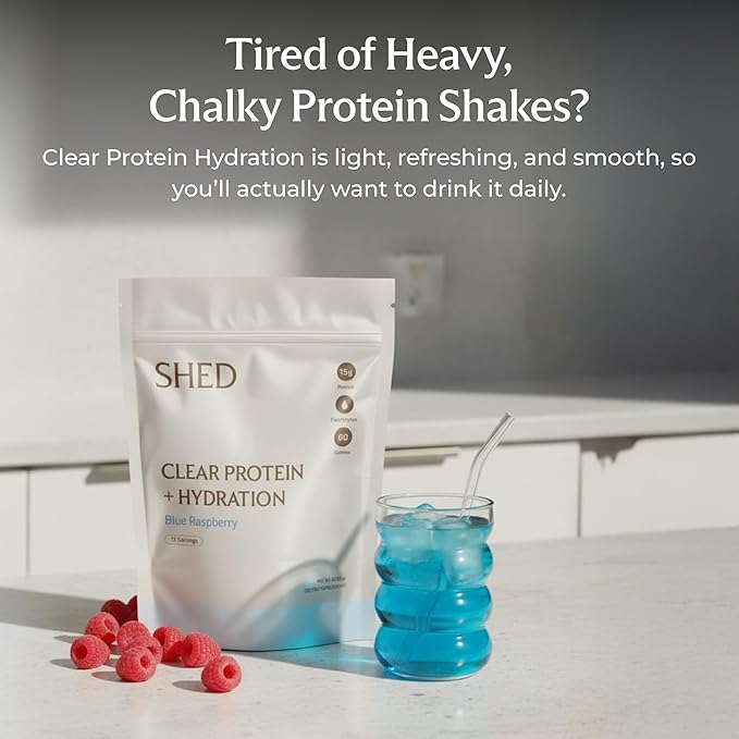 Clear Protein Powder with Electrolytes by Shed 15g Whey Protein Isolate Low Calorie and Lactose Free Light and Clean Hydration Drink Bloat-Free Post Workout Supplement Blue Razz (15 Servings)