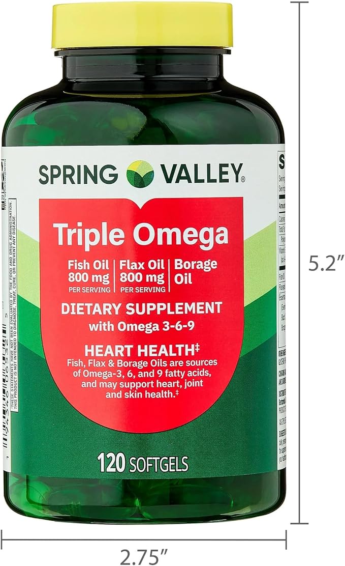 SUREFECT Spring Valley Triple Omega 3-6-9 Softgels with Fish Flax &amp Borage Oil - 120 Count Organizer.