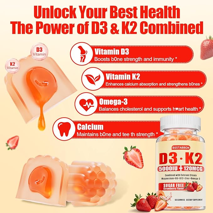 Vitamin D3 K2 Gummies for Women: Sugar Free Chewable 5000 IU D3 + 120 mcg K2 (MK-7) Supplement with Magnesium Omega-3 Zinc Calcium Methyl B12 for Immune Health - High Absorption for Adults(120Count)