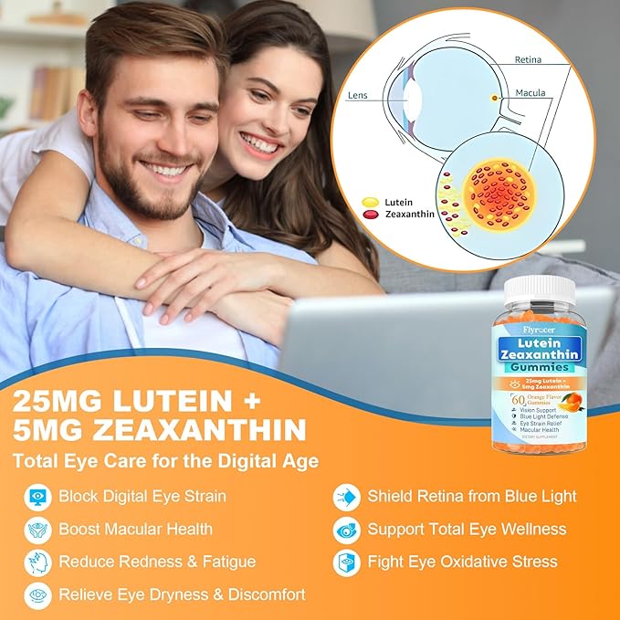 Sugar Free Lutein Gummies 25mg Lutein and Zeaxanthin Supplements for Eye Health 13-in-1 Eye Care Formula with Omega-3 Bilberry Saffron-Vision Health Eye Strain Dry EyesVegan Orange Flavor 120 Cts