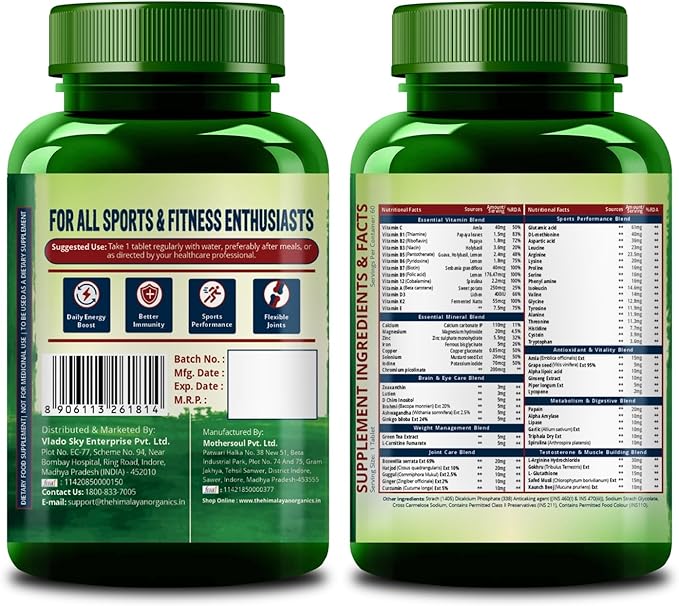Himalayan Organics Organics Multivitamin Sports with 60+ Nutrients | Vitamin B1B2B3B5B6B12AECDKBiotinCalciumZinc | Good for Brain Eye Muscle &amp Joint Care - 60 Veg Tablets