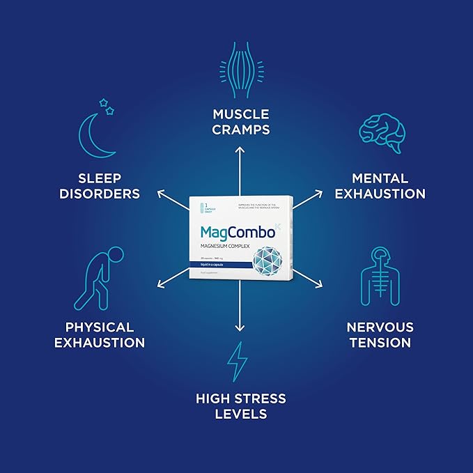 MagCombo - Concentrated Pure Magnesium Special Oil Formula with Maximum Absorption for Leg Cramps Tensed Muscles Sleep enriched with Vitamins В2 В6 В12 and С only 1 Capsule Daily. (Pack of 1)