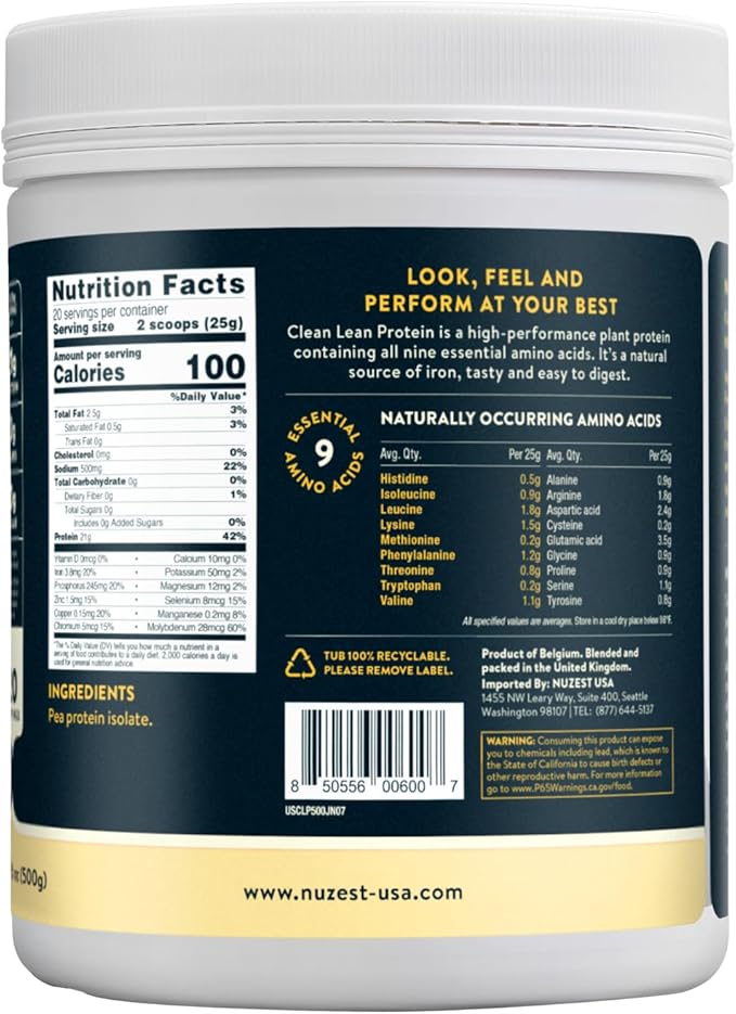 Nuzest - Pea Protein Powder - Clean Lean Protein Premium Vegan Plant Based Protein Powder Dairy Free Gluten Free GMO Free Protein Shake Just Natural (UNFLAVORED) 20 Servings 1.1 lb