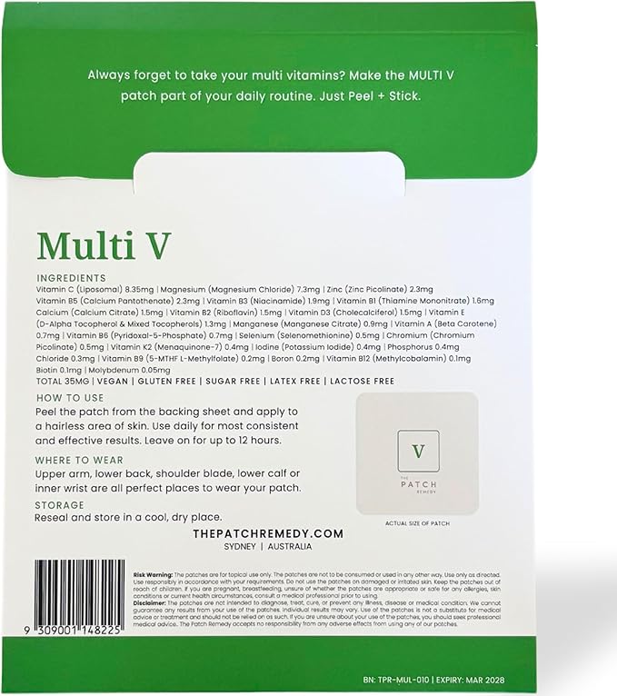 The Patch Remedy Multi V Patches - Vitamin Plus Blend with D3 K2 Magnesium Chloride Zinc Liposomal C Potassium Iodide Biotin Plus More
