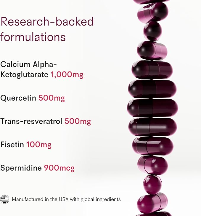 Tally Health Vitality Longevity Formula – Spermidine + Fisetin + Quercetin + Resveratrol + Calcium Alpha-Ketoglutarate | Supports Cellular Renewal Healthy Aging Energy &amp Autophagy | 120 Capsules