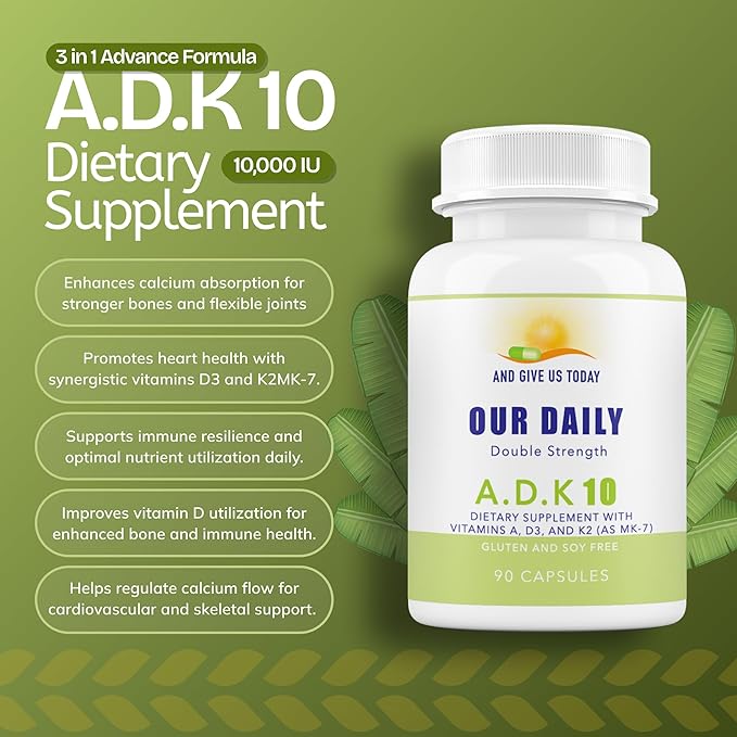 Daily Vites ADK 10 - ADK Vitamin Supplement - High Potency Vitamin A D3 10000 IU &amp K2 (MK-7) - Physician Formulated for Bone Heart &amp Immune Support - Non-GMO Gluten Free - 90 CT (3-Month S