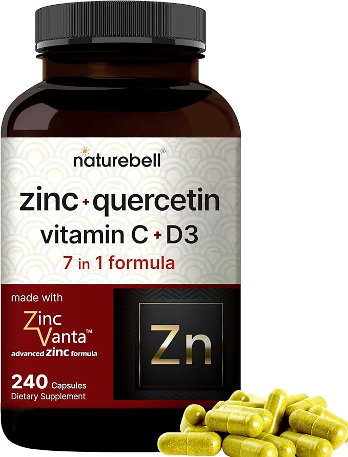 NatureBell Zinc Quercetin with Vitamin C &amp D3 240 Capsules | Quercetin 1000mg + Zinc 50mg + Vitamin C 250mg + Vitamin D3 5000 IU | 4-in-1 Advanced Immune &amp Lung Support | ZincVanta Formula