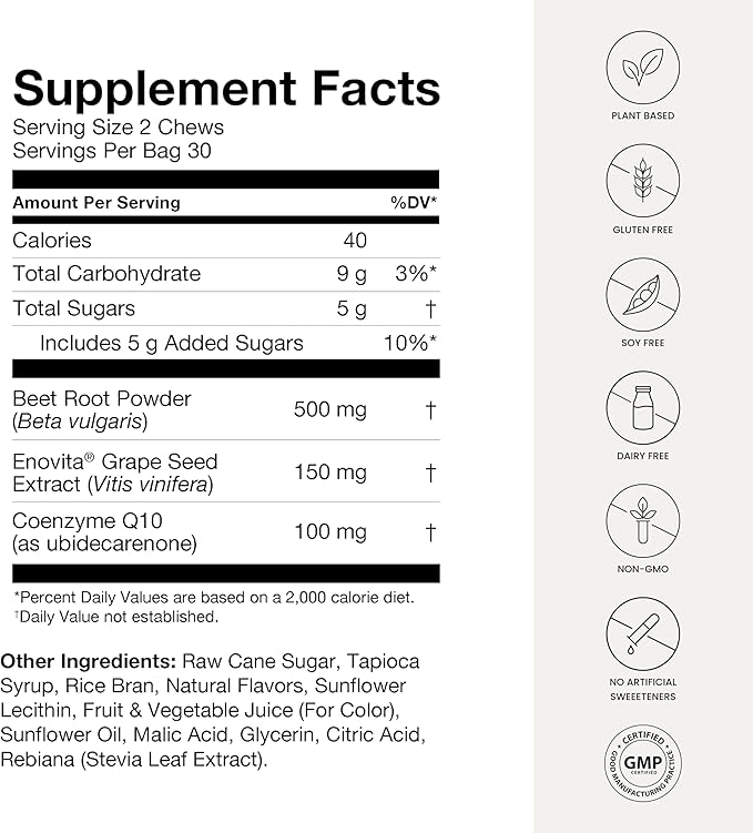Humann SuperBeets Heart Chews + CoQ10-100mg of CoQ10 Plus Beetroot &amp Grape Seed Extract Blood Pressure Cellular Energy &amp Heart Health Support 120 Count