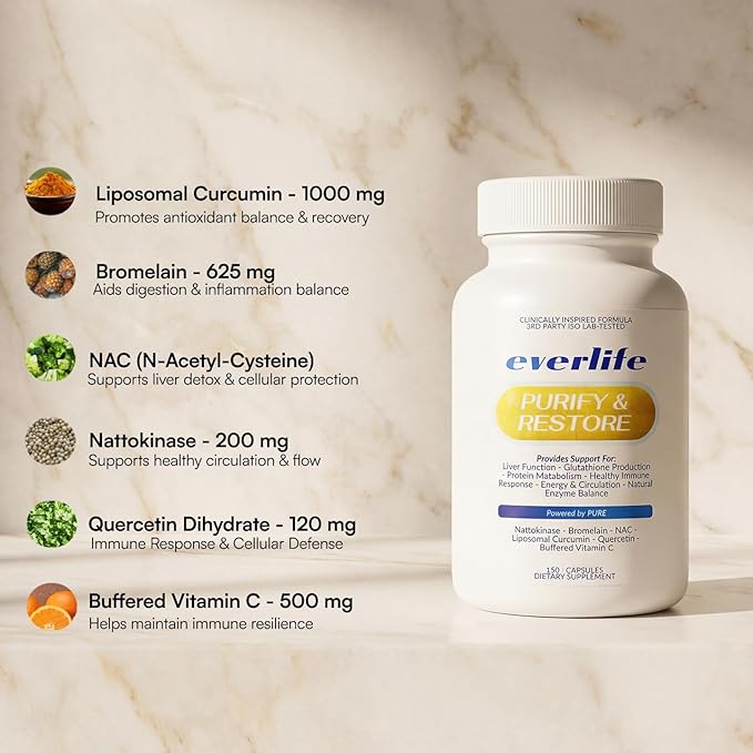 Everlife Spike Protein &amp Liver Detox Support Supplement - Liposomal Curcumin with NAC Quercetin Bromelain &amp Buffered Vitamin C – Circulation Antioxidant &amp Immune Support Blend – 150 Cap