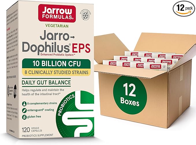 Jarrow Formulas Jarro-Dophilus EPS Probiotics 10 Billion CFU for Intestinal Tract Support Probiotic Supplement for Gut Health for Women and Men 120 Veggie Capsules Up to a 60 Day SupplyPack of 12