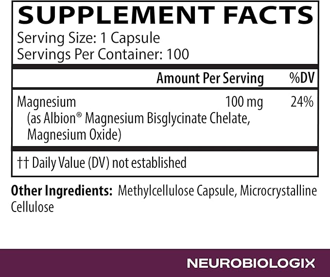 Neurobiologix Magnesium Glycinate Complex TRAACS ® Magnesium Bisglycinate Chelate for Muscle Nerve &amp Bone Support Gentle Easy-to-Digest Magnesium Supplement Non GMO Gluten Free 100 Capsules