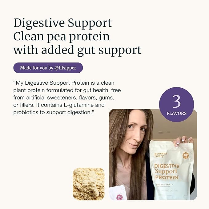 BETHANY'S PANTRY Digestive Support Protein Powder - Vegan Pea Protein with Probiotics &amp L-Glutamine - Only 5 Ingredients Non-GMO Project Verified No Artificial Sweeteners Gluten Free (Strawberr