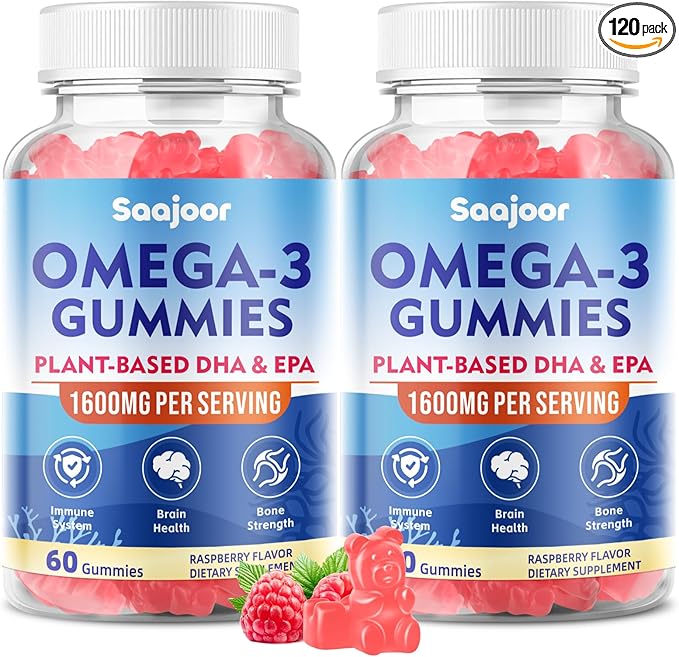 2 Pack Vegan Omega-3 Gummies1000mg for Adults - Sugar Free Supplement with 400mg DHA &amp 600mg EPA Vitamins A C E and Zinc - 120 Count
