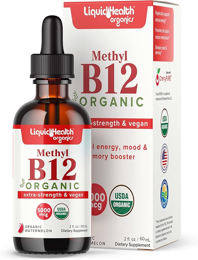 LIQUIDHEALTH Calcium and Magnesium Liquid Supplement &amp Organic Methyl B12 5000mcg Vitamin Drops with Tart Cherry Juice for Immune Support Natural Energy Boost Imroved Focus Bone &amp Joint Sup