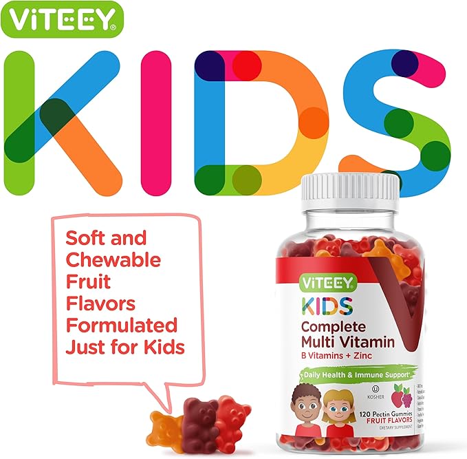 Viteey Kids Multivitamin Gummies Complete Daily Essential Kids Vitamins - Great for Immune Support &amp Overall Health - 12 Essential Minerals &amp Vitamins - Vegetarian Gelatin Free- Fruit Flavor