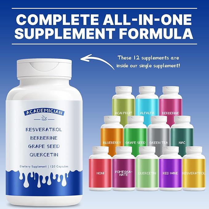 Grape Seed Extract Capsules with Berberine Capsules Resveratrol Quercetin Supplement - 120 Count