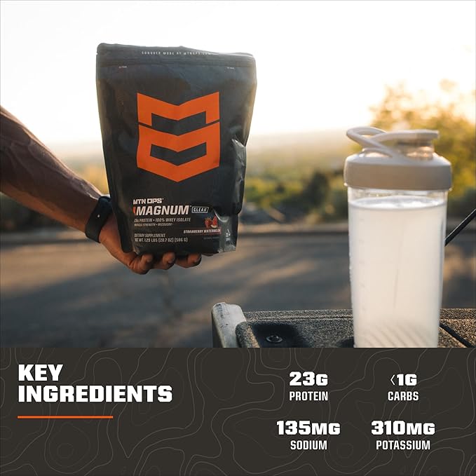 MTN OPS Magnum Clear Protein Powder – 23g 100% Whey Protein Isolate per Serving Low Carb (&lt1g) Quick-Digesting Gluten-Free Low Lactose Refreshing Blue Raspberry Coconut 20 Servings