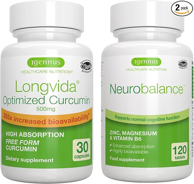 Longvida Curcumin 500mg + Neurobalance High Absorption Zinc Magnesium B6 Vegan Bundle Ultra Bioavailable Curcumin with Chelated Zinc Picolinate 24mg Oxide-Free Magnesium by Igennus