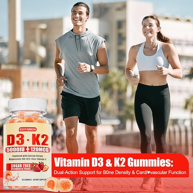 Vitamin D3 K2 Gummies for Women: Sugar Free Chewable 5000 IU D3 + 120 mcg K2 (MK-7) Supplement with Magnesium Omega-3 Zinc Calcium Methyl B12 for Immune Health - High Absorption for Adults(120Count)