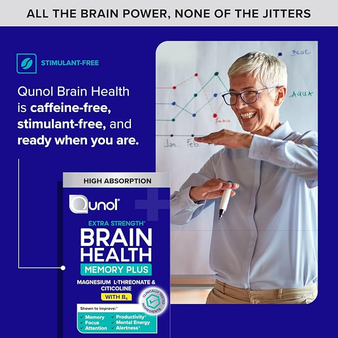 Qunol Brain Health Memory Plus with B6 Magnesium L-Threonate &amp Citicoline Clinically Tested Ingredients to Improve Memory Focus Attention and Productivity 90 Count