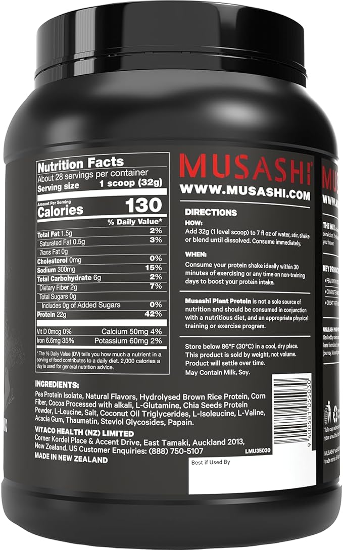 MUSASHI Plant Protein Chocolate Powder Plant-Based Protein 900g Tub 1.98 Pounds