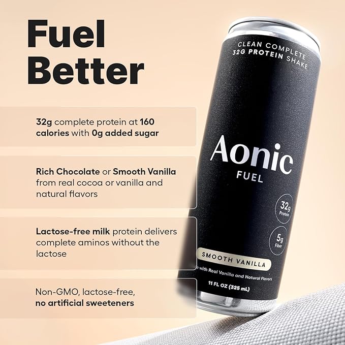 Aonic Fuel 32g Protein Shake 5g Fiber Lactose-Free Complete Amino Acid Profile No Added Sugar Made with Real Vanilla 11 fl oz (Pack of 12) - Smooth Vanilla