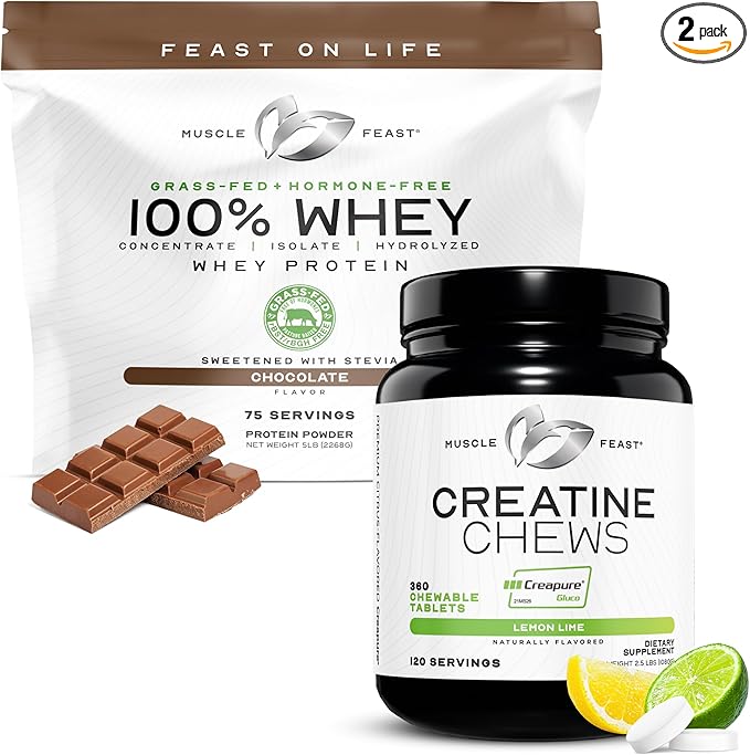 Muscle Feast 100% Whey + Creatine Candy Bundle: 1 100% Whey Protein (Chocolate 5lb) + 1 Creatine Candy (Lemon Lime 360) | Premium Supplements Vegetarian Gluten Free