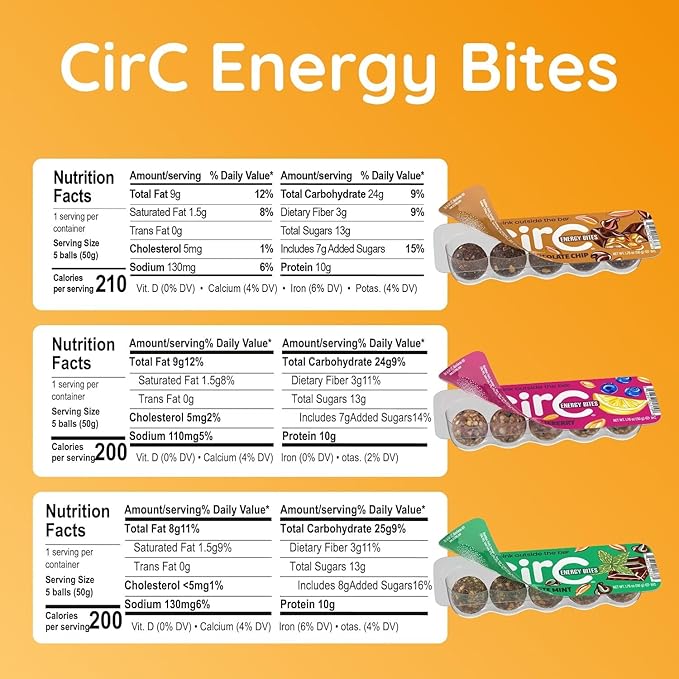 CirC Protein Energy Bites Variety Pack - Gluten Free Protein Balls 10g Protein Healthy Bar Snack for Adults &amp Kids Non-GMO Whole Grains Nuts &amp Fruit Resealable Pack 12 Pack Count (5 Prot