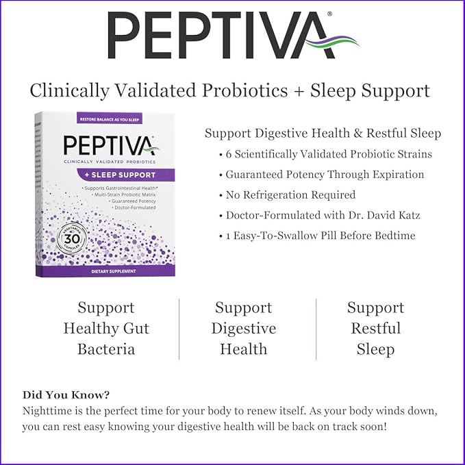 Peptiva 26 Billion CFU Probiotic and Sleep Support - Clinically Validated Multi-Strain Probiotic - Lactobacillus and Bifidobacterium Melatonin - 30 Count