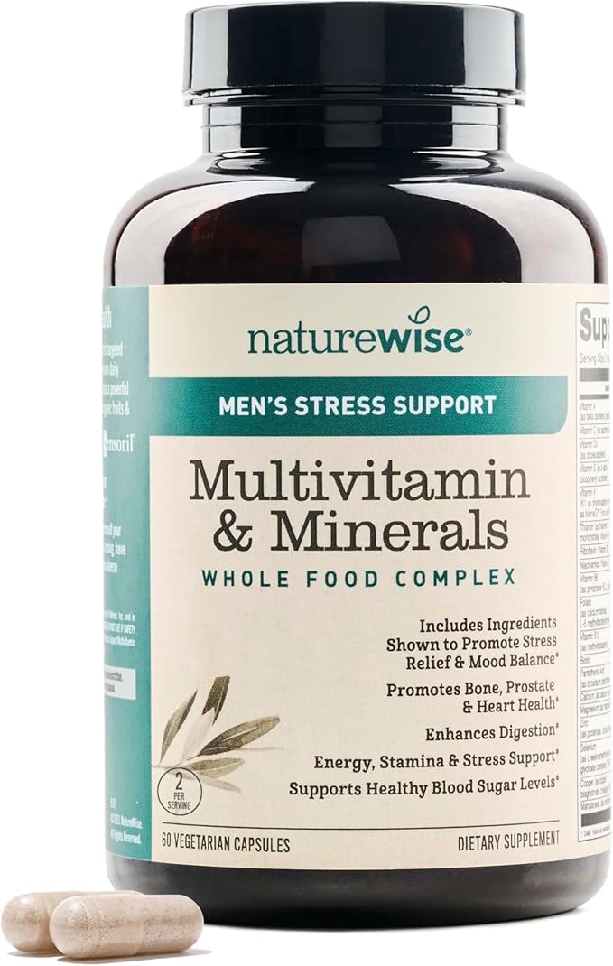 NatureWise Multivitamin for Men + Stress Support + Fulvic Ionic Minerals + Probiotics for Immunity Male Health Digestion + Whole Organic Foods - Vegetarian Non-GMO - 60 Capsules[1-Month Supply]