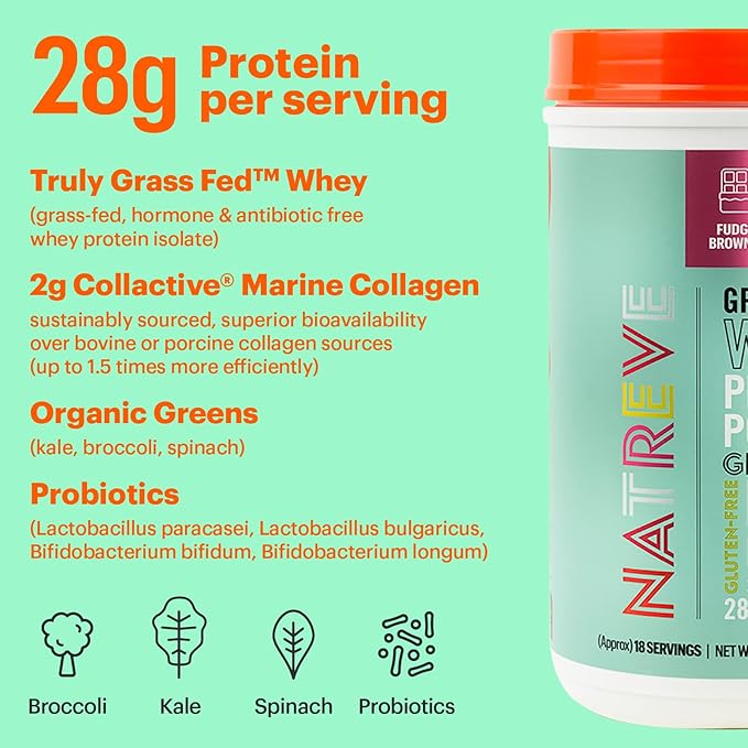 Natreve Whey Protein Powder - 28g Grass-Fed Whey Protein with Amino Acids Probiotics &amp Collagen - Gluten Free Fudge Brownie 18 Servings
