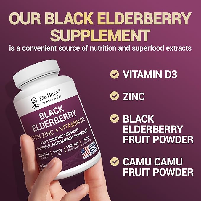 Dr. Berg Black Elderberry Capsules (Advanced Immune Support*) with 15000 IU Vitamin D 60 mg of Zinc &amp 90 mg of Camu Camu - (4-in-1) Sambucus Elderberry Immune Support Supplement - 90 Capsules