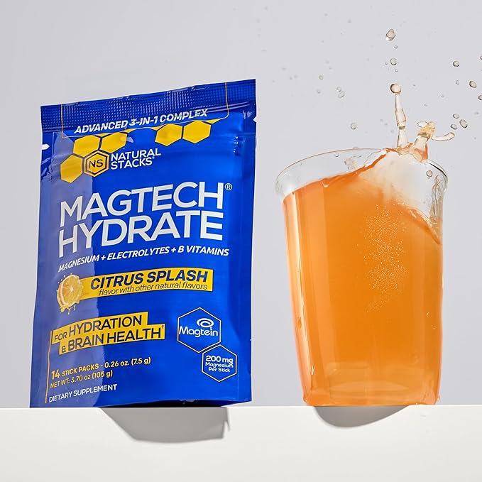 MagTech Magnesium Hydrate Packets - Sugar Free Hydration Powder - Magtein Magnesium L-Threonate Glycinate &amp Taurate - 200mg Chelated Triple Complex - Supports Hydration &amp Brain Health* - 14 S